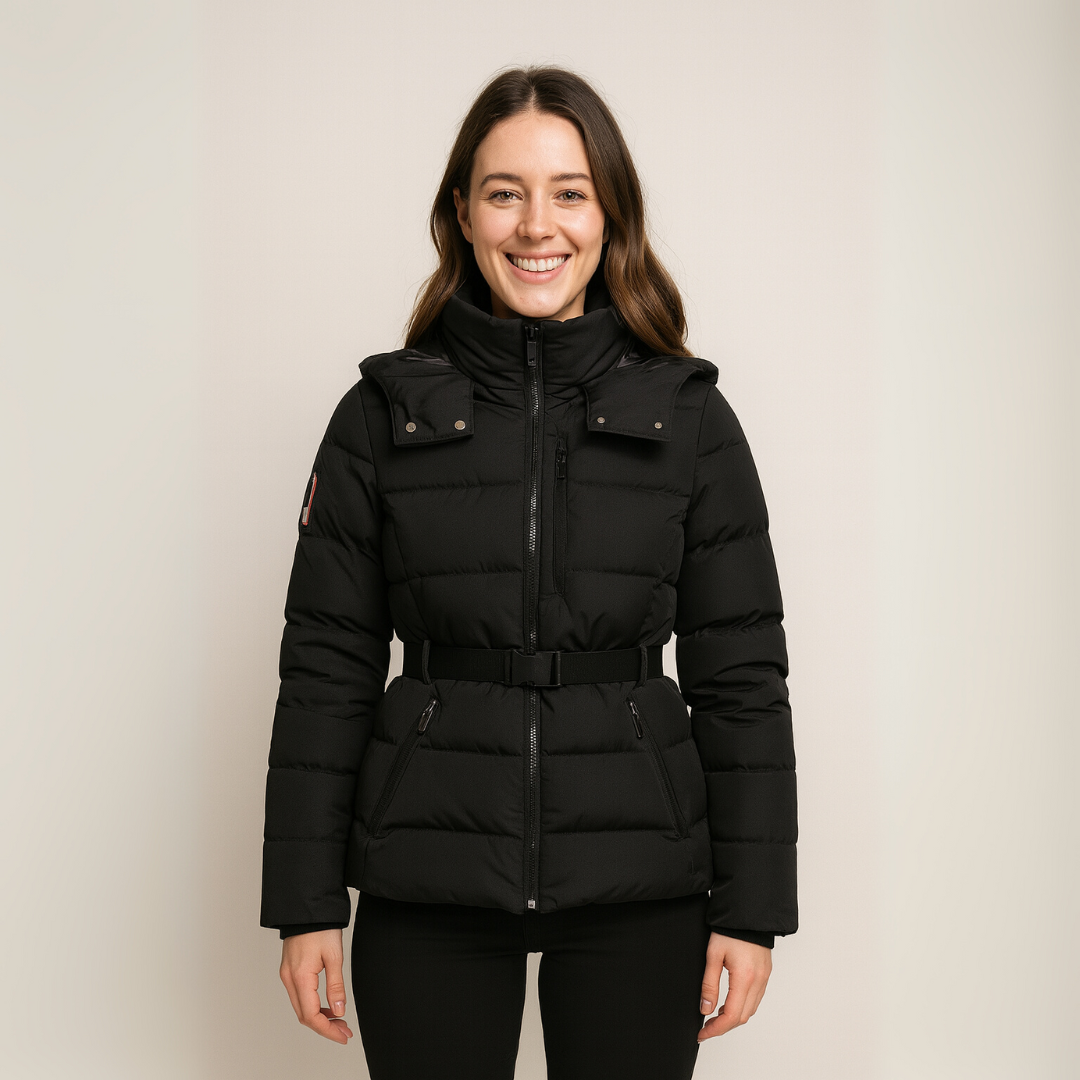 Heidi-Mode | Damen Schwarze Pufferjacke mit Gürteltaille und Hohem Kragen