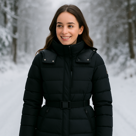 Heidi-Mode | Damen Schwarze Pufferjacke mit Gürteltaille und Hohem Kragen