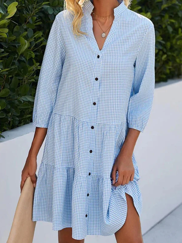 Heidi-Mode | Lässiges A-Linien Elegante Sommerkleider Damen mit Knopfverschluss, Karomuster und Hohem Ausschnitt