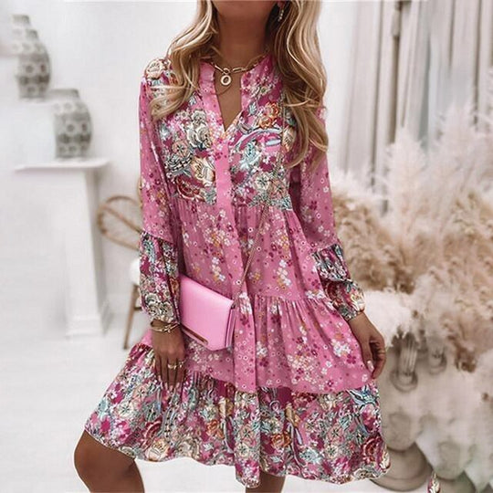 Heidi-Mode | Kleid Blüten Paisleymuster A-Linie Passform Knie-Lang mit Langen Ärmeln V-Ausschnitt