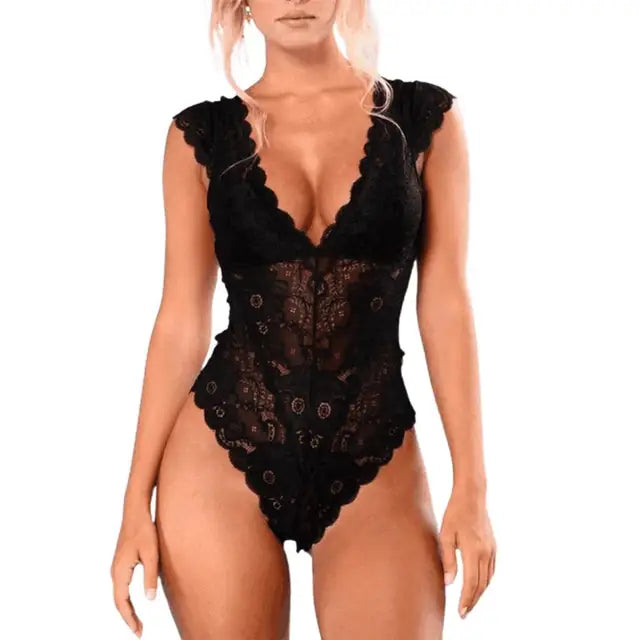 Plus Size 3XL Bodysuit met Kant en See-through Leaf Edge