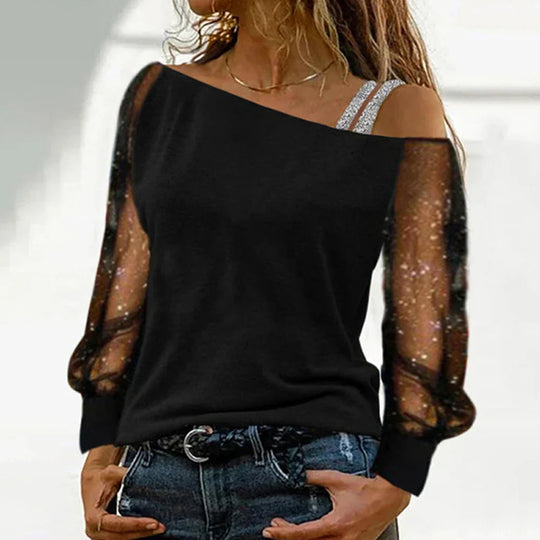 T-shirt met lange mouwen van kant en mesh