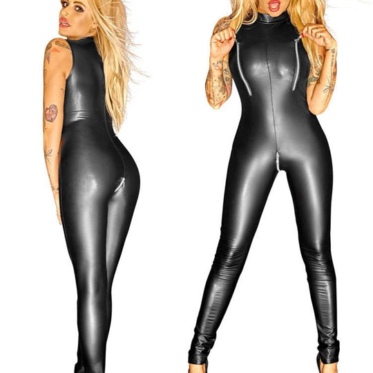 Heidi-Mode | PU-Leder Reißverschluss Brust Schritt Jumpsuits