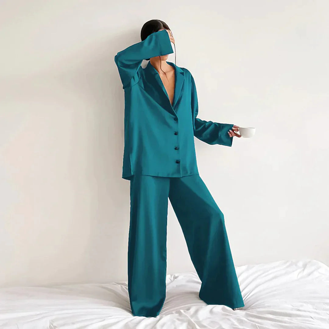 Heidi-Mode | Satin PyjamA-Satz mit Weitem Hose
