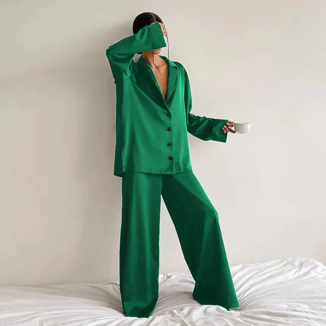 Heidi-Mode | Satin PyjamA-Satz mit Weitem Hose