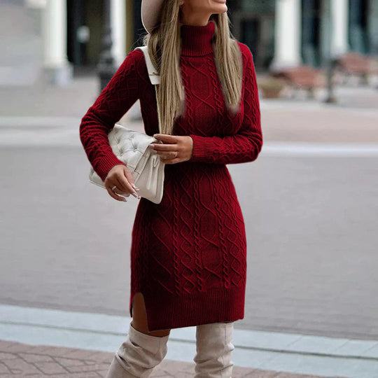 Heidi-Mode | Eng Anliegende Kleid mit Hohem Kragen und Langen Ärmeln
