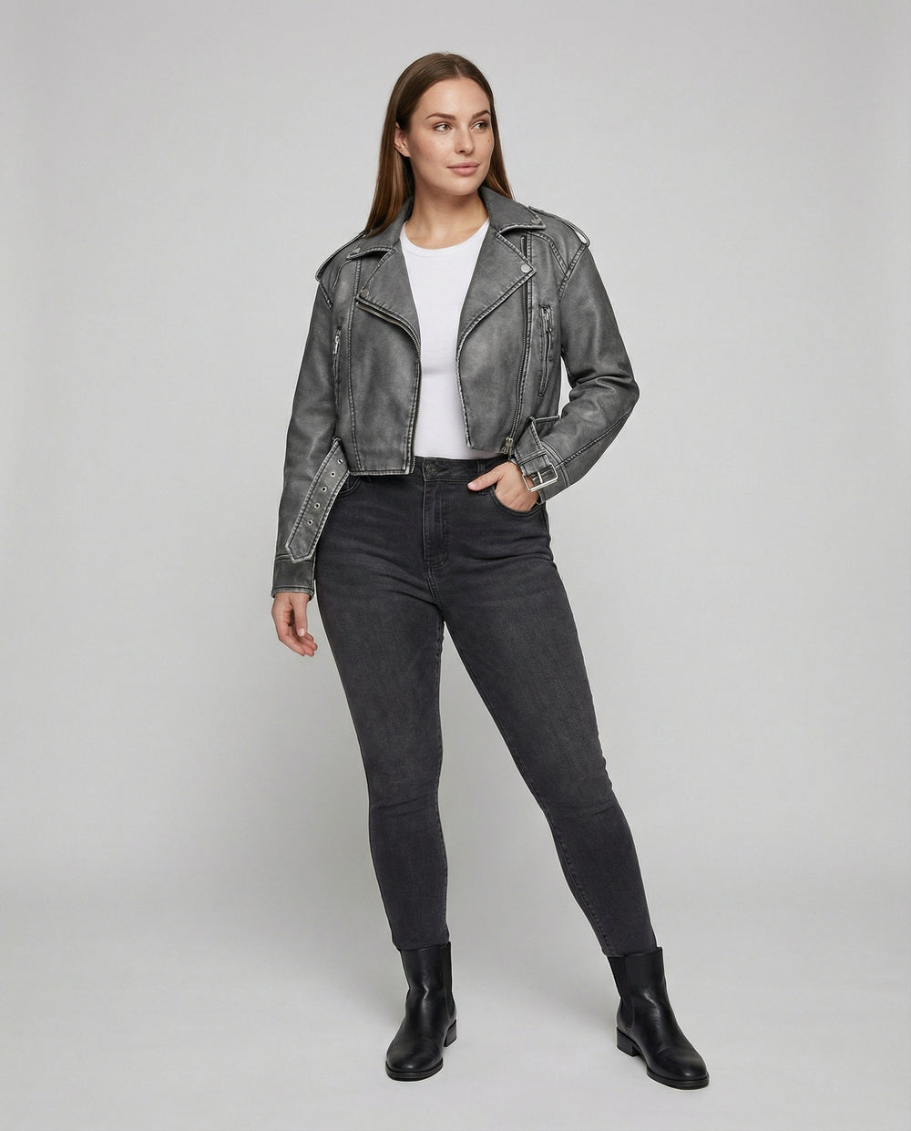 Damen Cropped Jeans Bikerjacke mit Gürtel