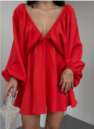 Heidi-Mode | Einfarbiges Casual Kleid mit V-Ausschnitt und Tüllrock