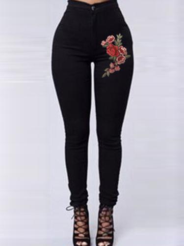 Heidi-Mode | Rote Florale Stickerei Skinny Jeans
