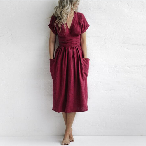 Rotes Midi-Kleid mit V-Ausschnitt