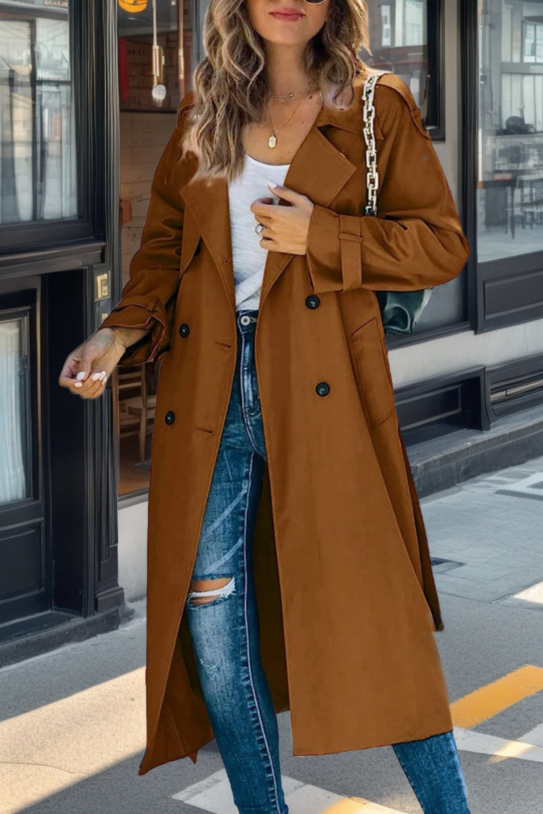 Heidi-Mode | Trenchcoat Relaxed Fit Doppelreiher Gürteltasche Atmungsaktive Mischung