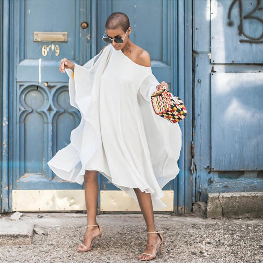 Heidi-Mode | Weit Schräg Asymmetrisch Ein-Schulter-Kleid