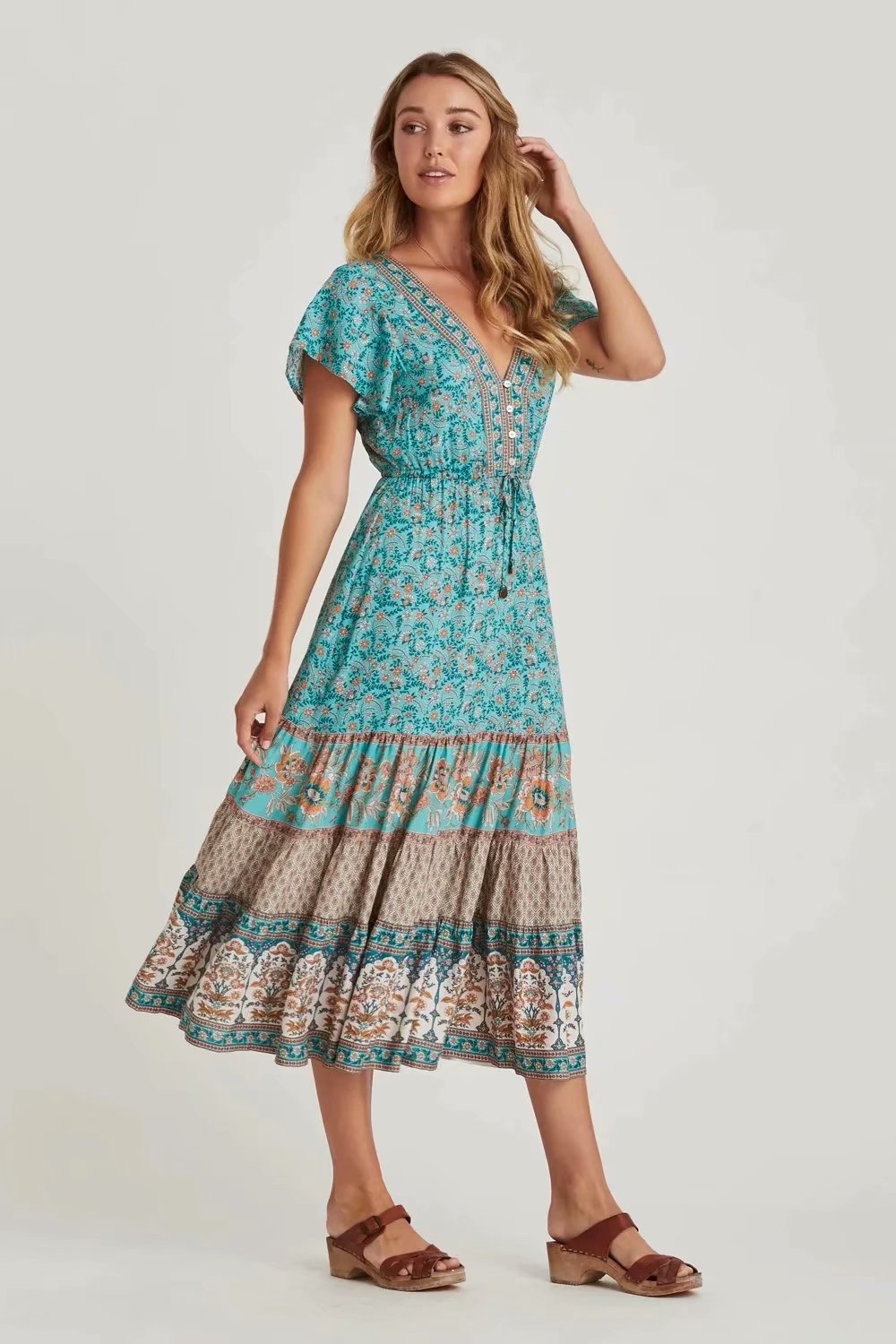 Heidi-Mode | Blumenmuster Boho Kleid Grün