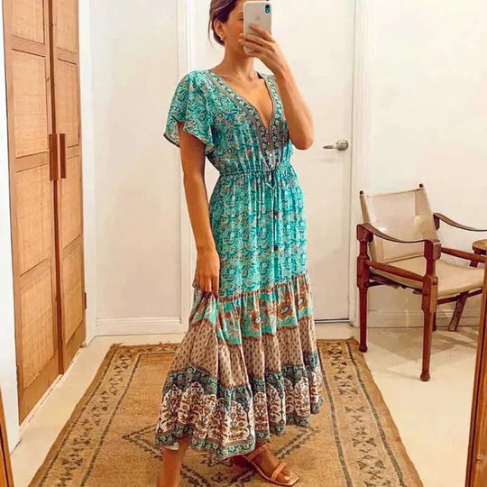 Heidi-Mode | Blumenmuster Boho Kleid Grün
