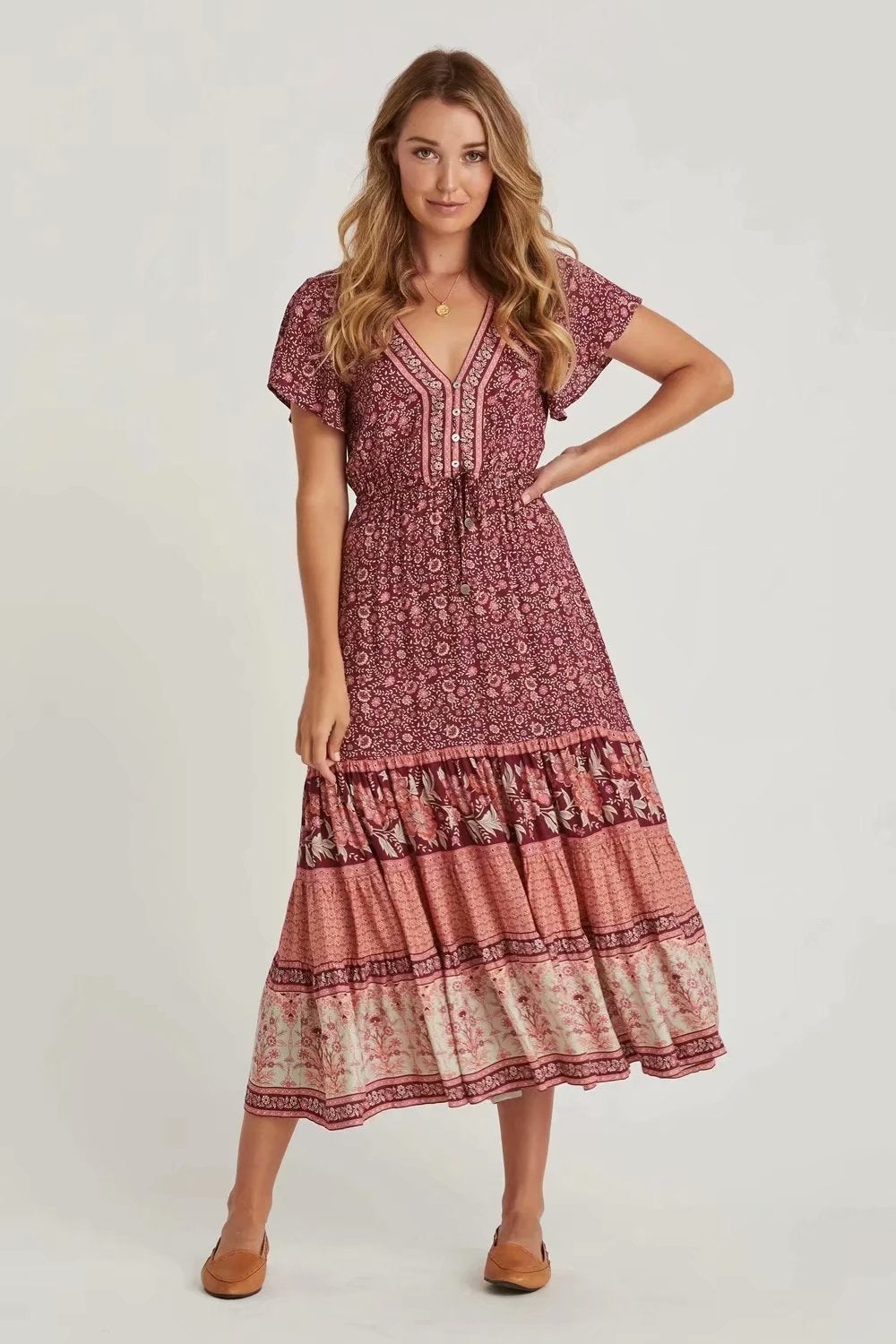 Heidi-Mode | Blumenmuster Boho Kleid Grün