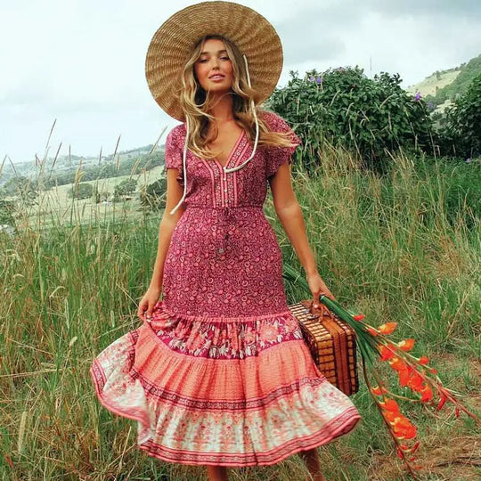 Heidi-Mode | Blumenmuster Boho Kleid Grün