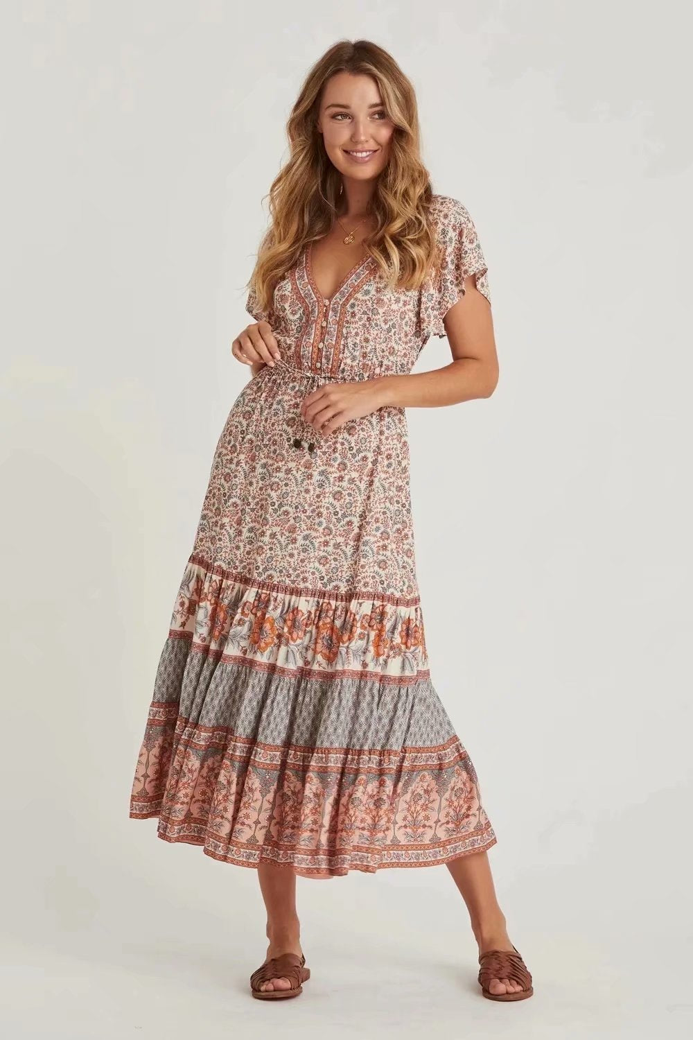 Heidi-Mode | Blumenmuster Boho Kleid Grün