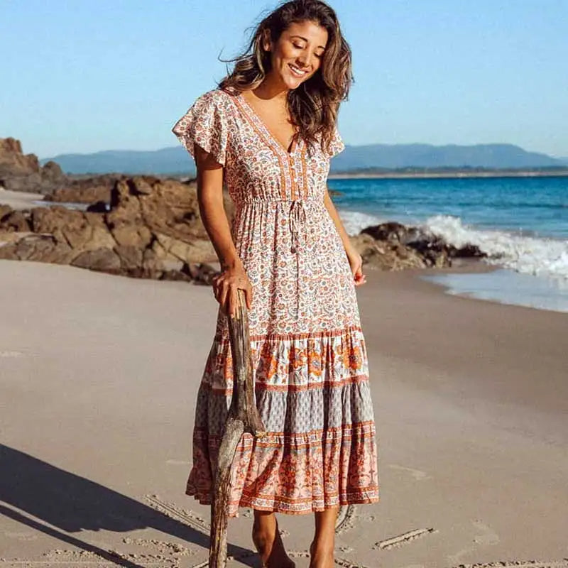 Heidi-Mode | Blumenmuster Boho Kleid Grün