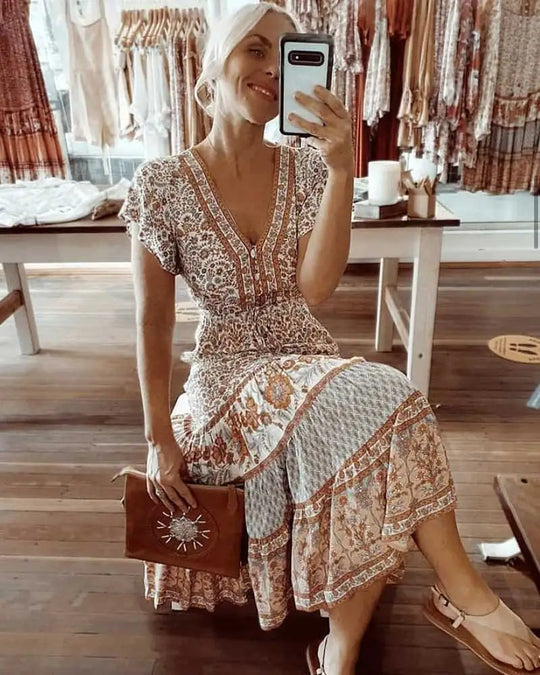 Heidi-Mode | Blumenmuster Boho Kleid Grün