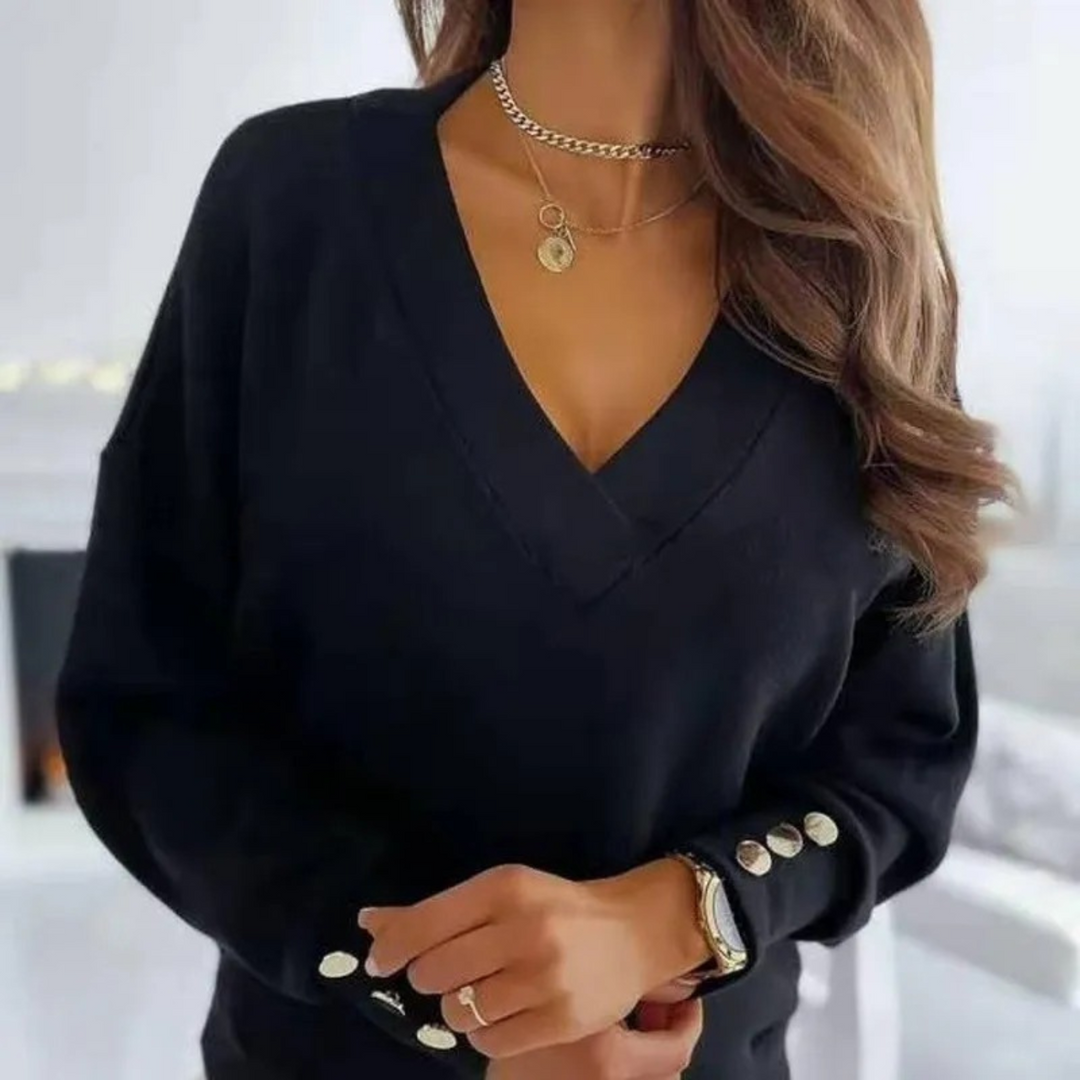 Heidi-Mode | Woll V-ausschnitt mit Knopf Damen Shirt Lange Ärmel