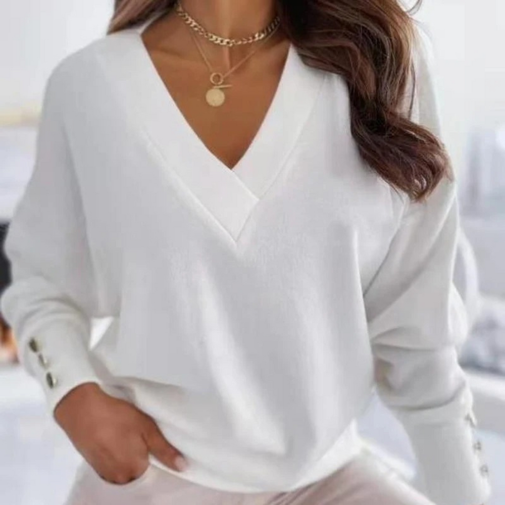 Heidi-Mode | Woll V-ausschnitt mit Knopf Damen Shirt Lange Ärmel