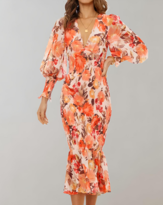 Oranje gebloemde bodycon midi-jurk met lantaarnmouw, V-hals en V-rugdetails