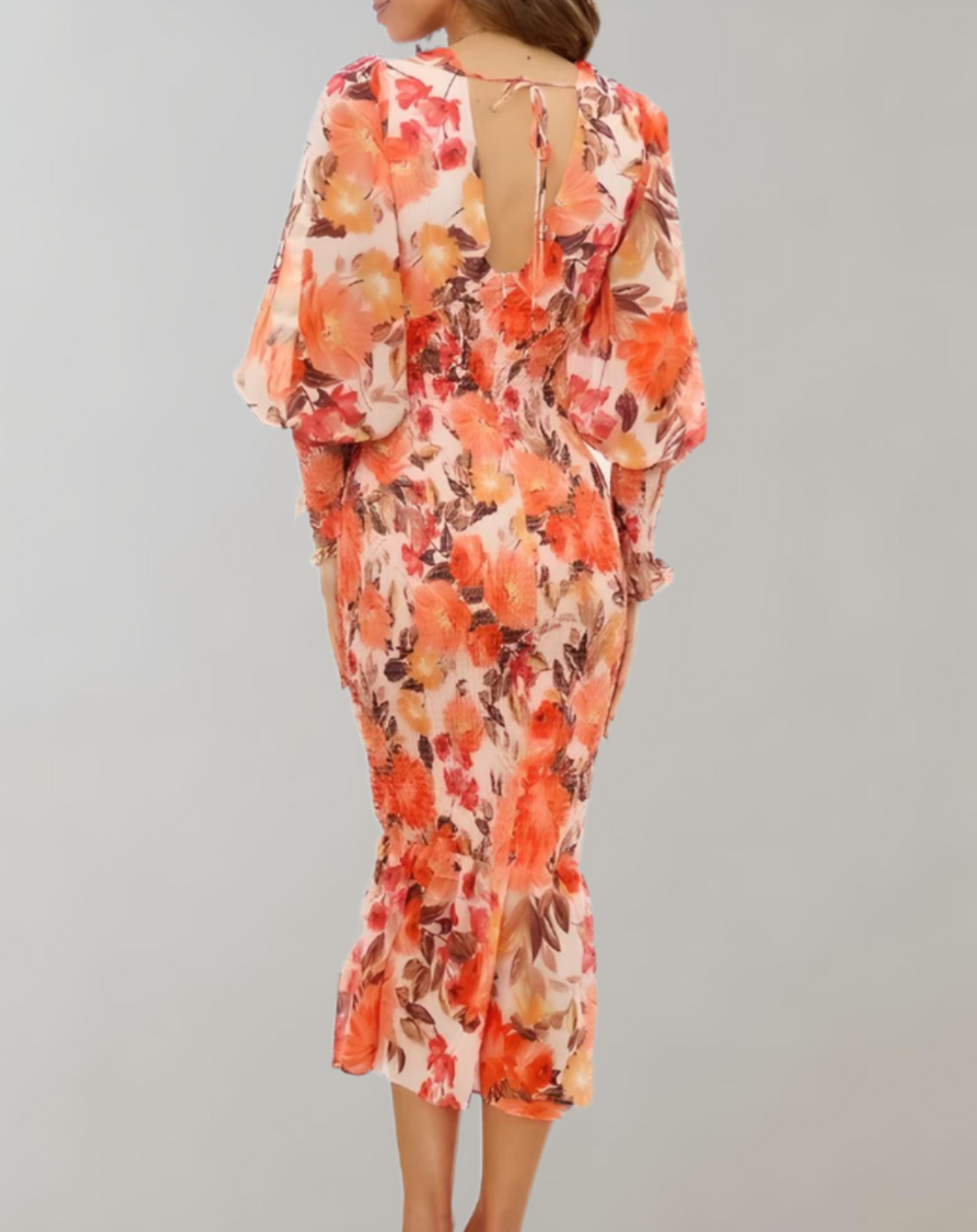 Oranje gebloemde bodycon midi-jurk met lantaarnmouw, V-hals en V-rugdetails