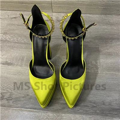 Heidi-Mode | Luxus Frauen High-Heels Schuh Plattform Sandalen Spitz Zehe Damen Seiden Pumps Sexy Strass Schnalle Chunky Absatz Hochzeitsschuhe