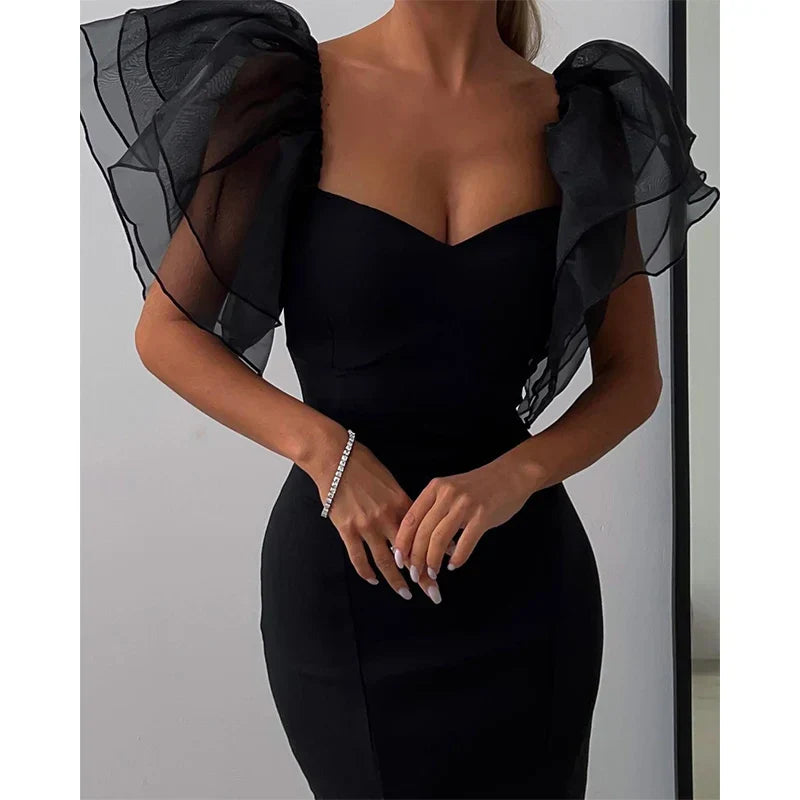 Heidi-Mode | Mesh Schmetterlingärmel Sheath Bodycon Kleid Frauen Quadratischer Hals Midi Robe Femme Festes Schwarz Vestidos Mujer Sexy Dame Festkleider