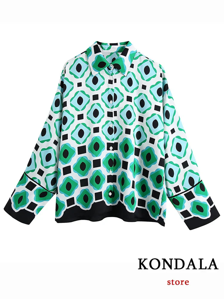 Heidi-Mode | Geometrischer Druck Vintage Frauen Anzüge Herbstmode Übergröße Lange Blusen und Hohe Taille Breite Bein Hosen Frauen Set