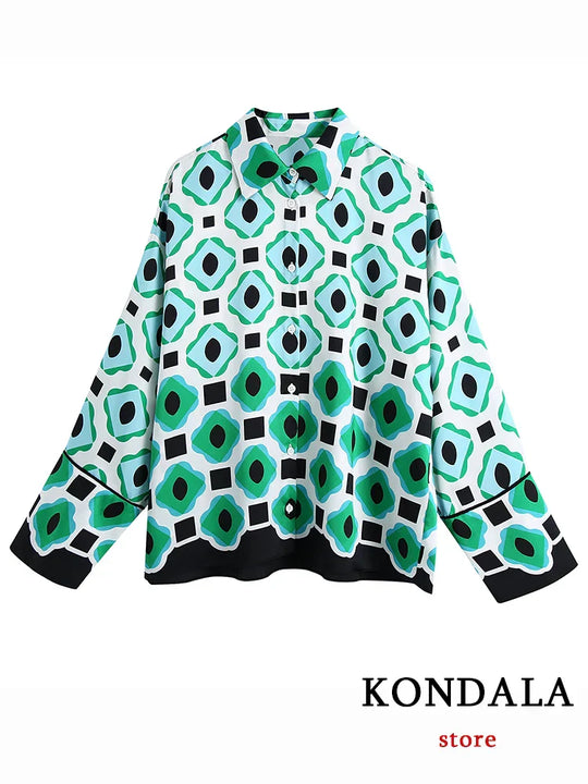 Heidi-Mode | Geometrischer Druck Vintage Frauen Anzüge Herbstmode Übergröße Lange Blusen und Hohe Taille Breite Bein Hosen Frauen Set