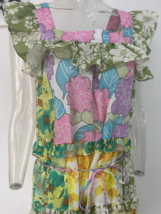 Heidi-Mode | Lgrq Trendy Rüschlinie Design Gedruckte Lange Kleider Sommer Rüschmode Ohne Ärmel Elegantes Luxus Kleid Mädchen