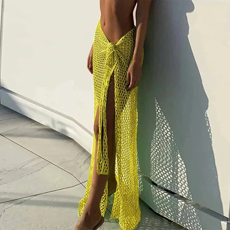 Heidi-Mode | Häkel Strand Abdeckung Sexy Transparente Kleid für Frauen Strick Lange Röcke Mesh Hohle Durch Wickel Weiß Midi Rock