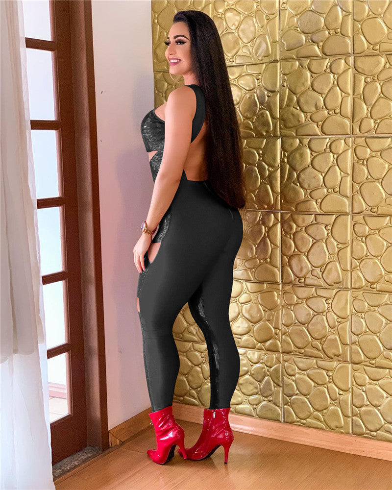 Heidi-Mode | Schwarzer Hollow Out Pailletten Jumpsuit
