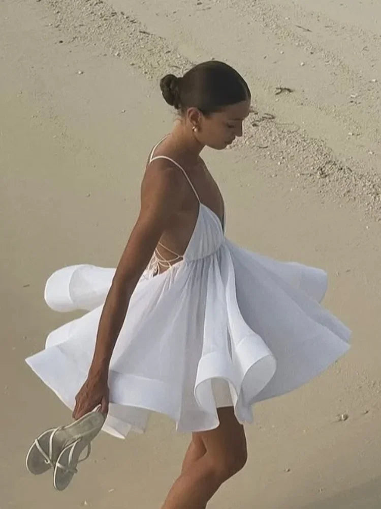 Heidi-Mode | Elegante Gelbe Plissierte A-Linie Mini Kleid Frauen Sexy Ohne Ärmel Offener Rücken Schnürkleider Sommer Damen Urlaub Strand Kleider