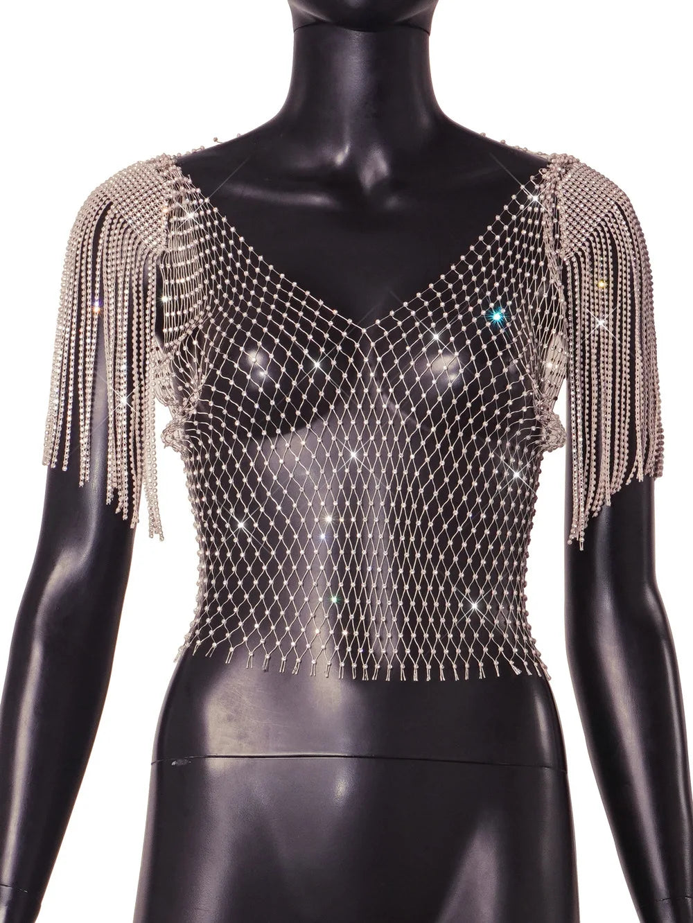 Heidi-Mode | Damen Sexy V-Ausschnitt Strass Kurz Crop Top Bling Kristall Fransen Schulter Dekor Diamant Fischernetz Shirt