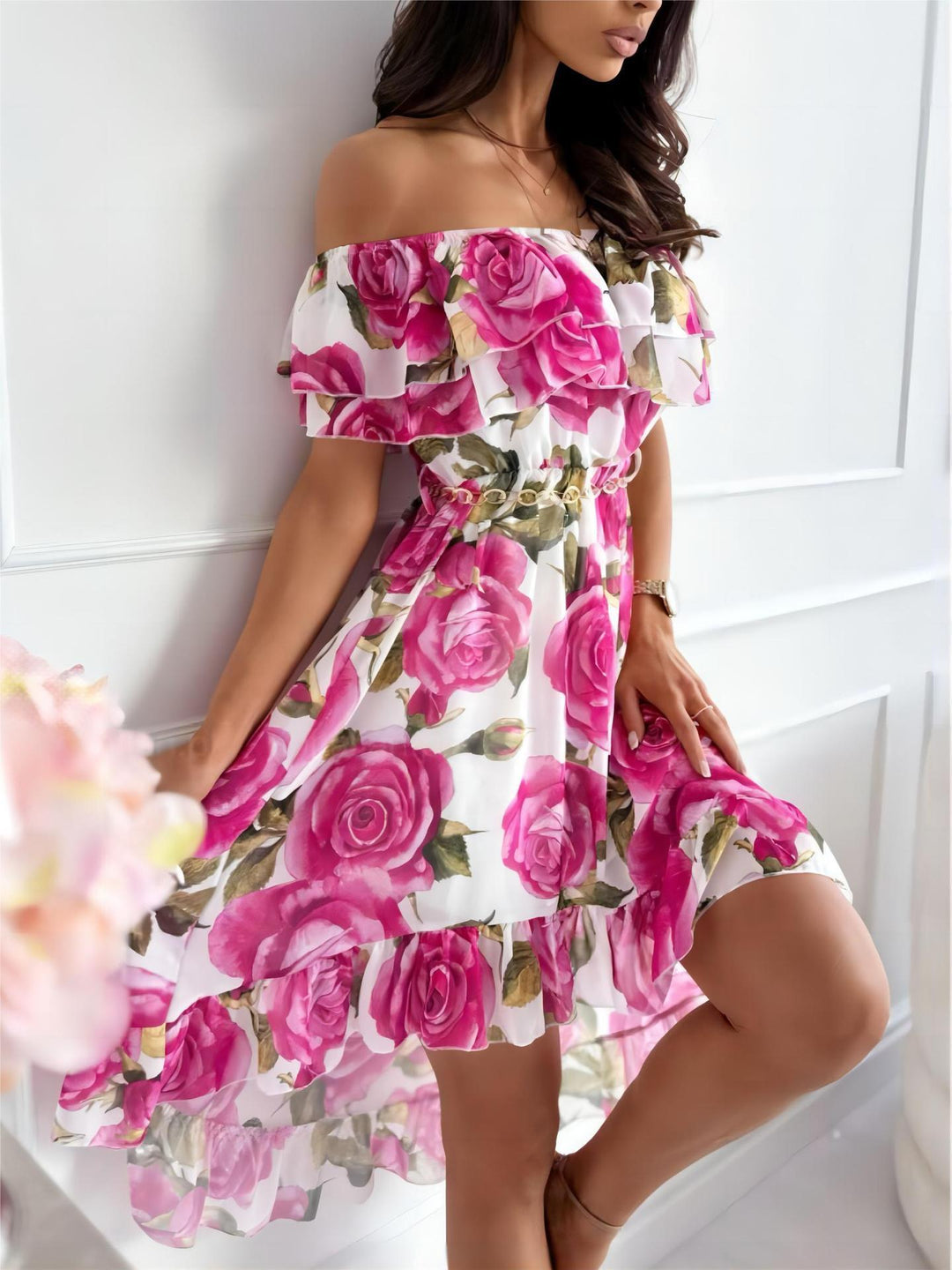 shoulder jurk met roze rozen