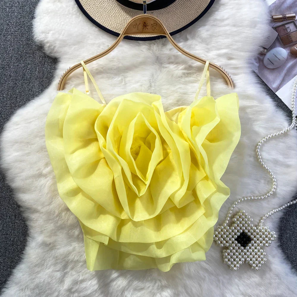 Heidi-Mode | Chic Vintage Rückenfreies Korsett Bustier Dreidimensional Blume Tanktop Koreanische Mode Sommer Strand Frauen Sling Crop Top