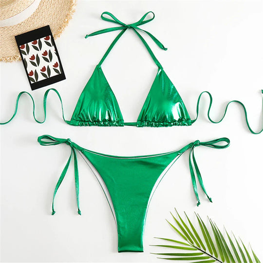 Heidi-Mode | Halter Triangle Sexy Bikini Set Frauen Patentleder Glitzer Badeanzug Sommer Einfarbig G String Bademode Seitenschnürung Monokini