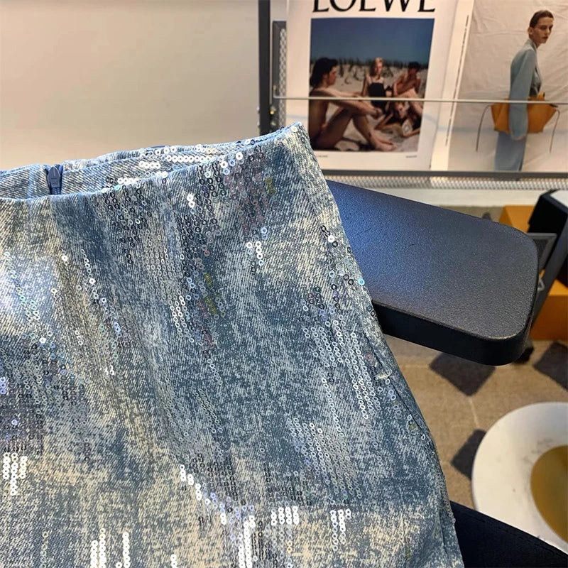 Heidi-Mode | Röcke für Frauen Pailletten Denim Tasche Hüftrock Sommer Neu Koreanische Version Hohe Taille Schlank Retro Nischen Design Joker Rock