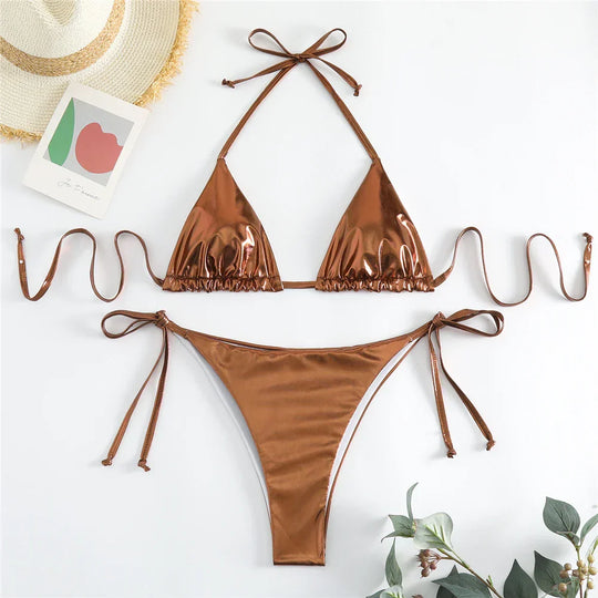 Heidi-Mode | Halter Triangle Sexy Bikini Set Frauen Patentleder Glitzer Badeanzug Sommer Einfarbig G String Bademode Seitenschnürung Monokini