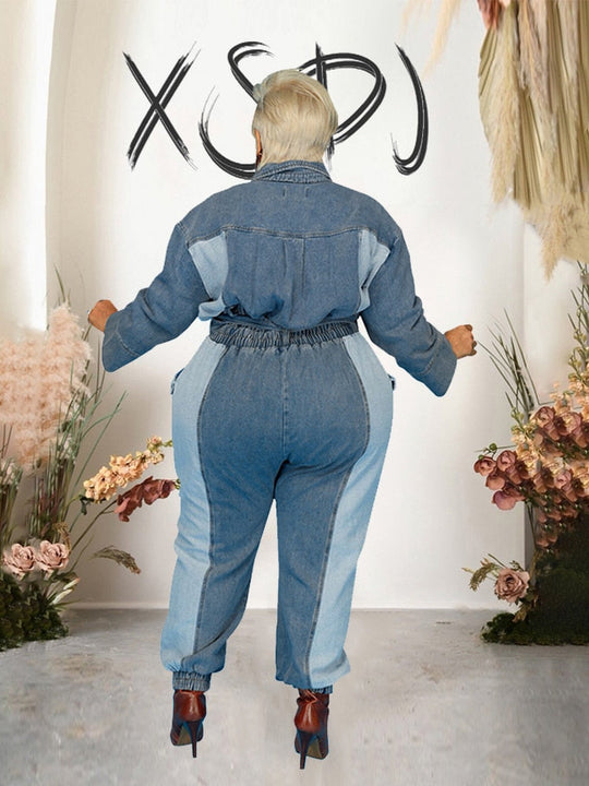 Heidi-Mode | Lockerer Denim Jumpsuit mit langen Ärmeln in Übergröße