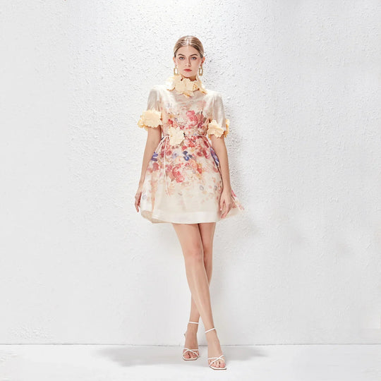 Heidi-Mode | Neue Damen Floral Mini Kleid Frühling Sommer Gedruckt Stehkragen Kurzarm Kleid Damen Urlaub Feier Vintage Kleider