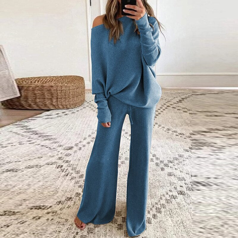 Heidi-Mode - Schicker Herbst Ein-Schulter-Pullover und Lockeres Hosen-Set für Frauen