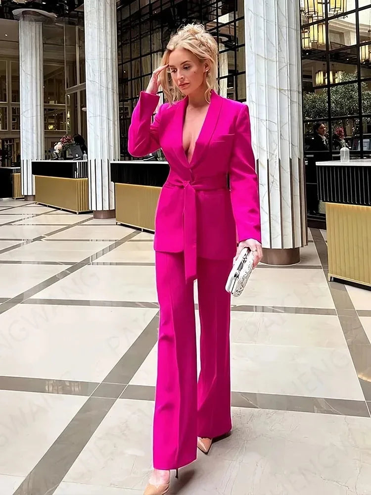 Heidi-Mode | Damen Legere Blaue Jacke Schicker Oberbekleidung Elegante Flared Hosen Lange Ärmel V-Ausschnitt Gürtel Büro Pendler Anzug Set