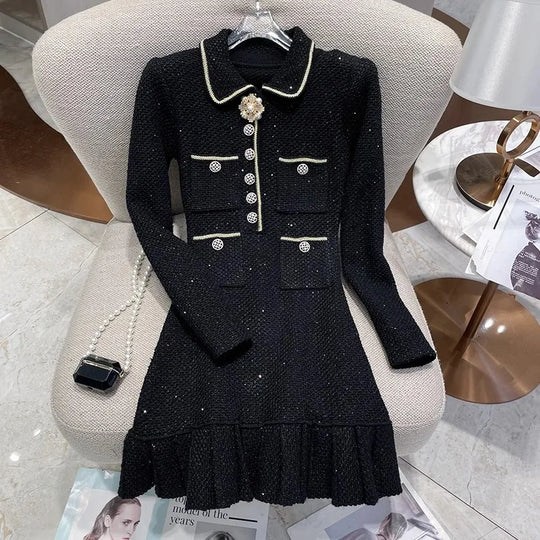 Heidi-Mode | Elegante Luxus Kleine Duft Strickkleid Frauen Pailletten Perlen Knöpfe Trendy Taille Auf Schlank Mini Kleider Frühling Herbst Neu