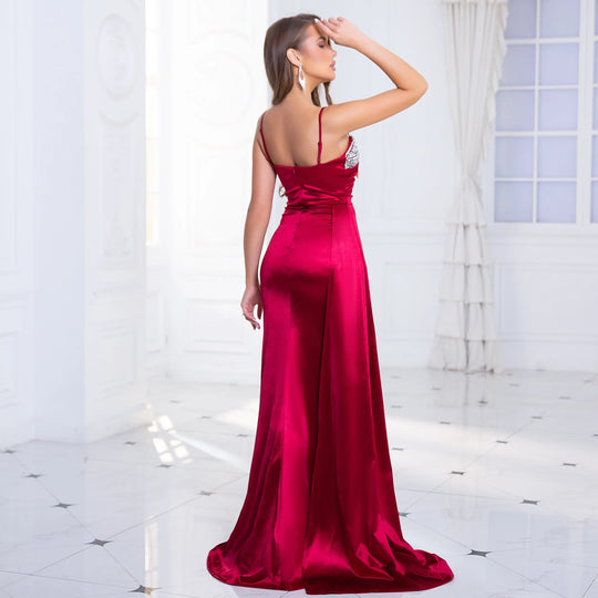 Heidi-Mode | Satin Strass Büste Seiten Schleppe Split Kleider