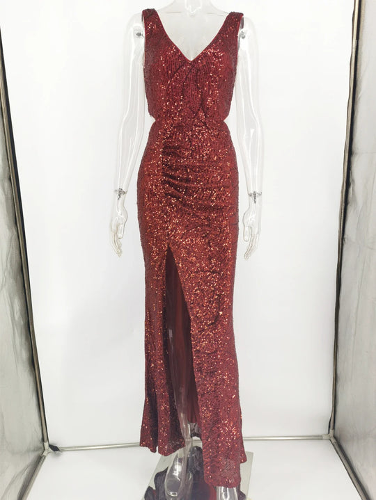 Heidi-Mode | Pailletten Hohes Seitenteil Ärmelloses Maxikleid