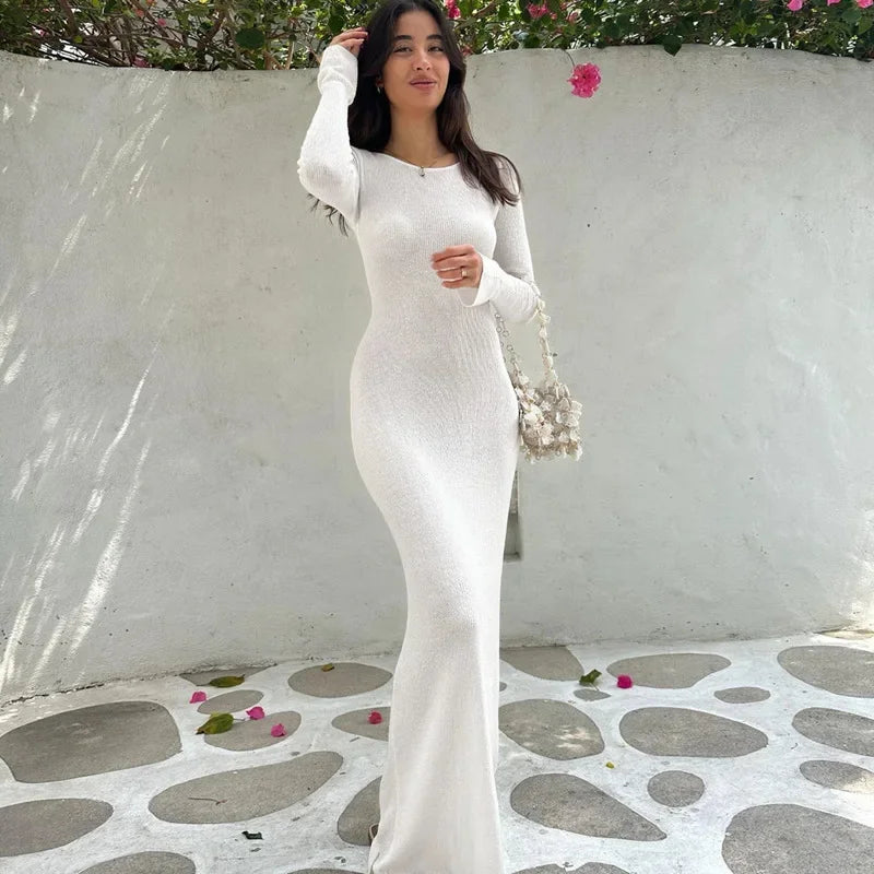 Heidi-Mode | Strick Rückenfreies Flare Ärmels Maxi Kleid