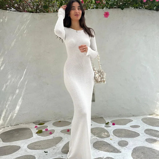 Heidi-Mode | Strick Rückenfreies Flare Ärmels Maxi Kleid